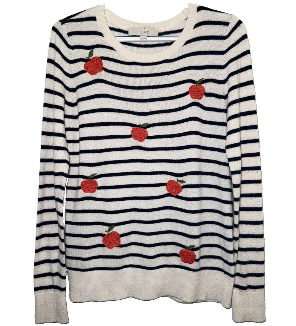 LOFT Apple Embroidered Striped Wool Blend Sweater Small Teacher Fall Breton